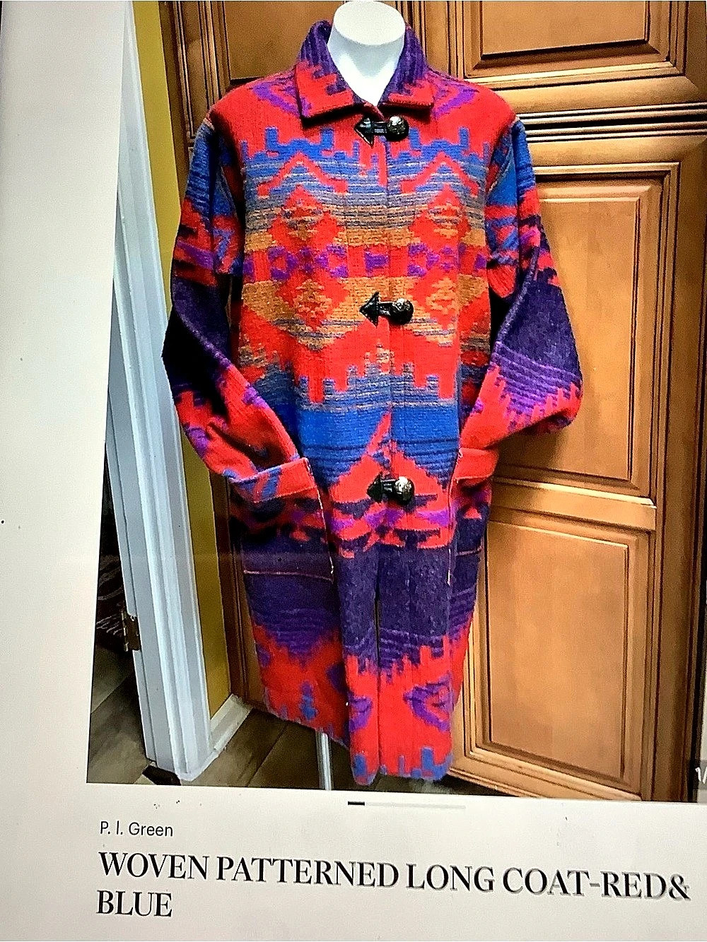 P.J. Greene's Woven Patterned Long Coat Geometric Long Coat in Red & Blue Size M